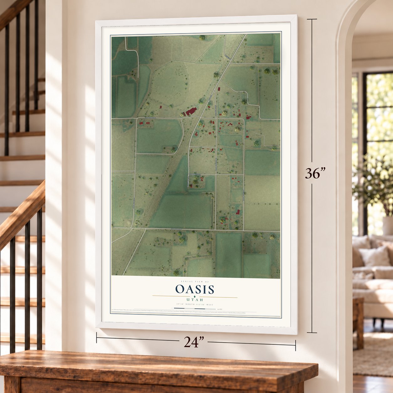 Oasis, Utah map, 24 x 36 inch print in a white frame by a staircase
