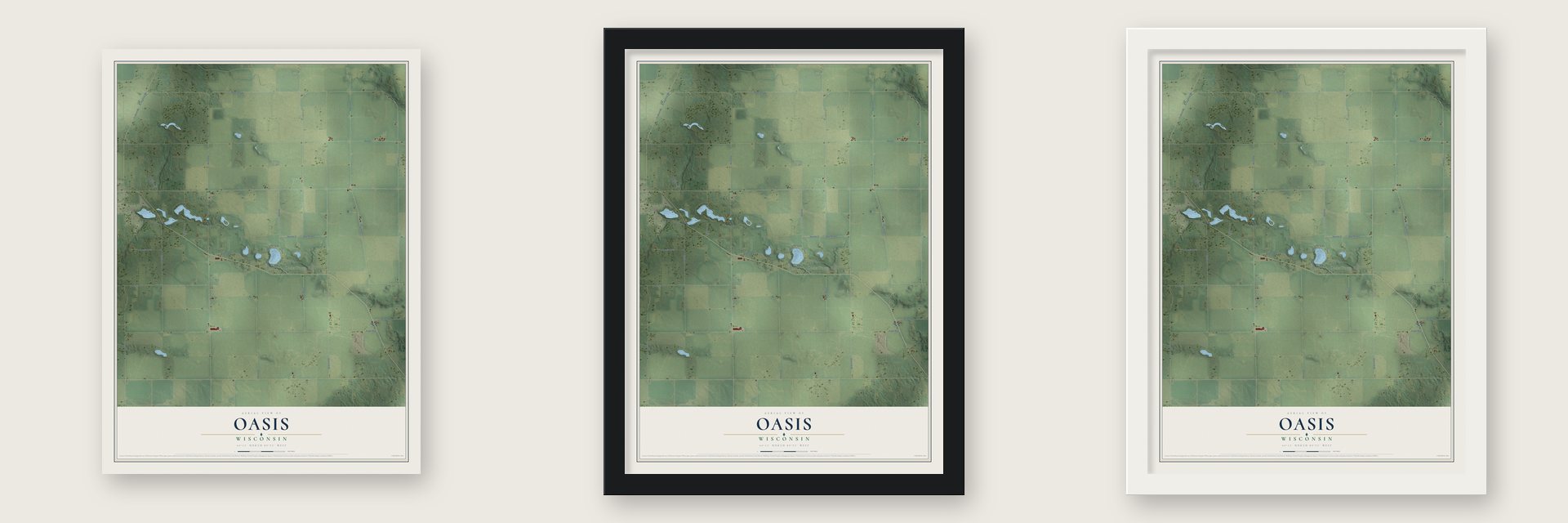 Oasis, Wisconsin map unframed, in a black wood frame and in a white wood frame