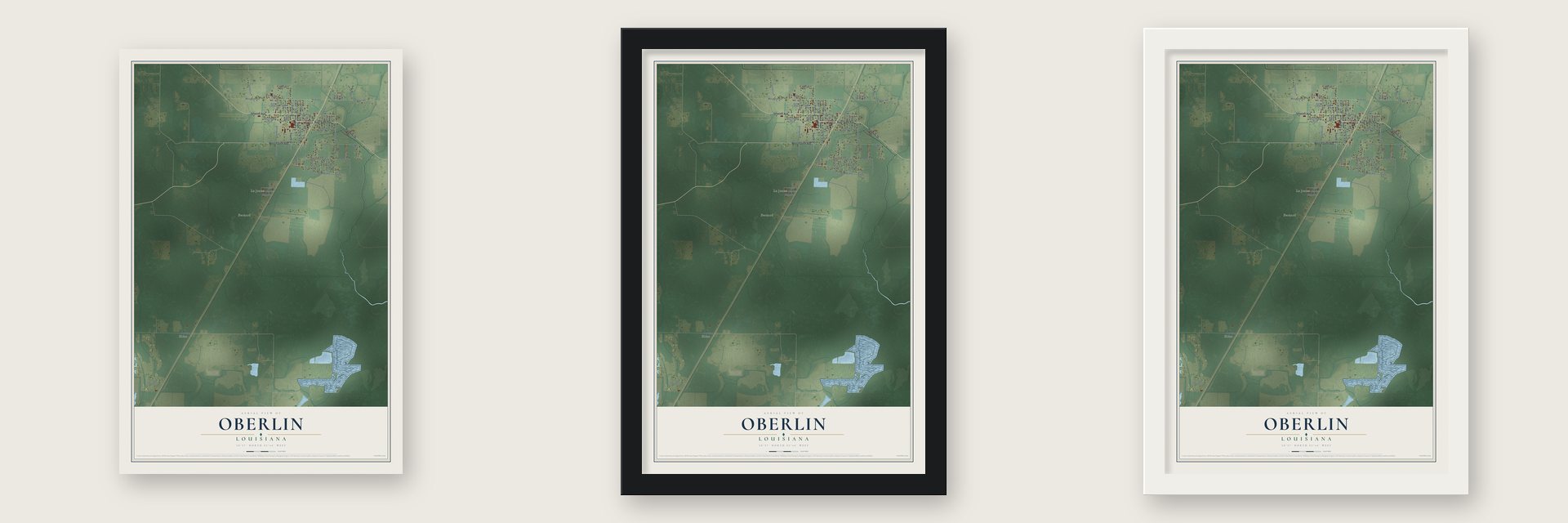 Oberlin, Louisiana map unframed, in a black wood frame and in a white wood frame