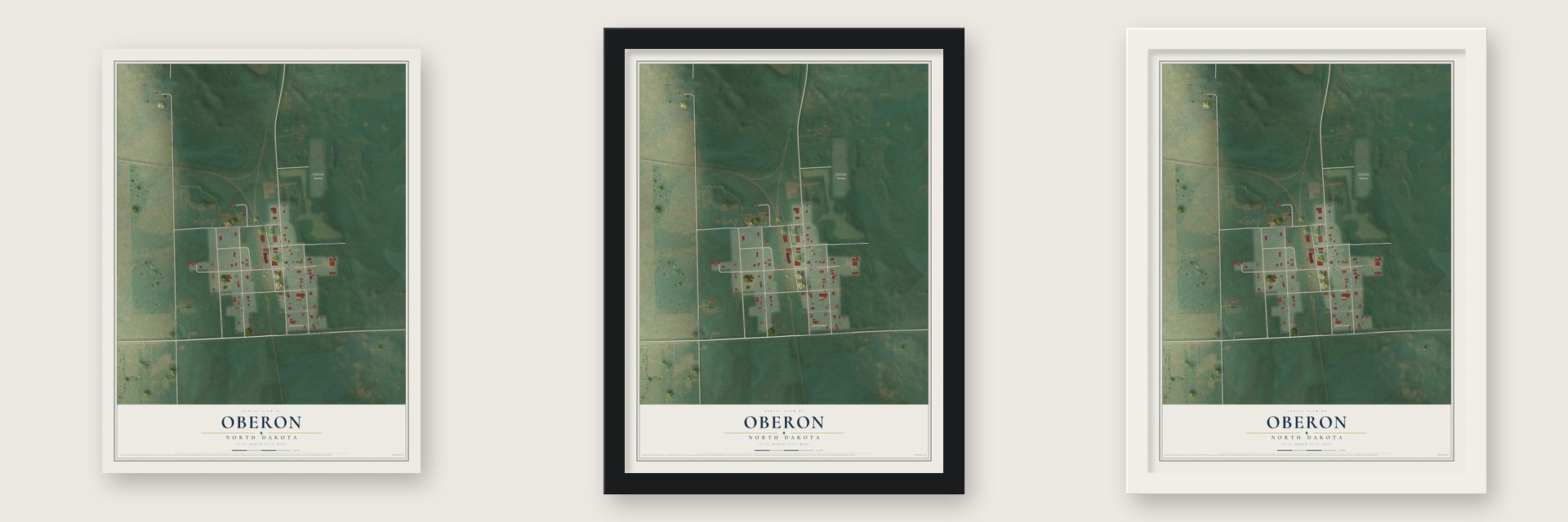 Oberon, North Dakota map unframed, in a black wood frame and in a white wood frame