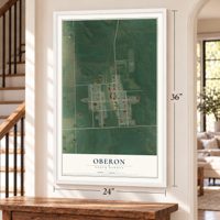 Oberon, North Dakota map, 24 x 36 inch print in a white frame by a staircase
