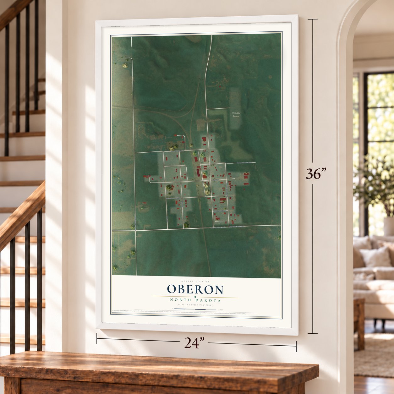 Oberon, North Dakota map, 24 x 36 inch print in a white frame by a staircase