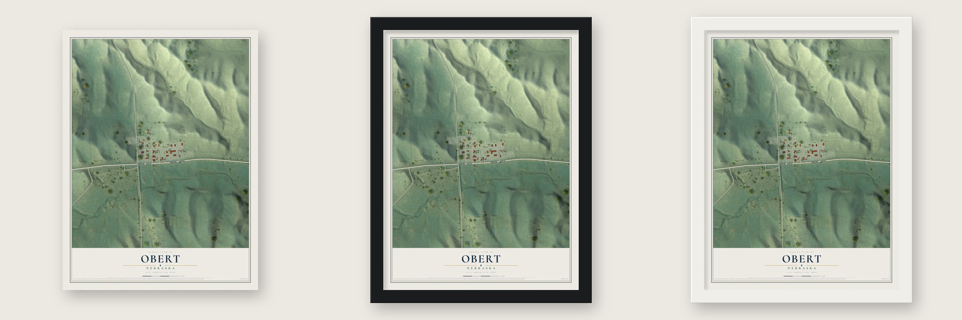 Obert, Nebraska map unframed, in a black wood frame and in a white wood frame