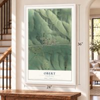 Obert, Nebraska map, 24 x 36 inch print in a white frame by a staircase