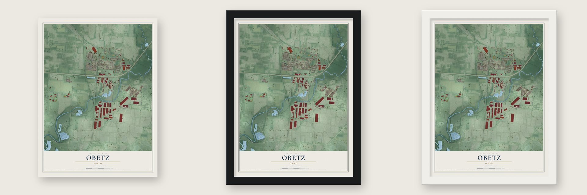 Obetz, Ohio map unframed, in a black wood frame and in a white wood frame