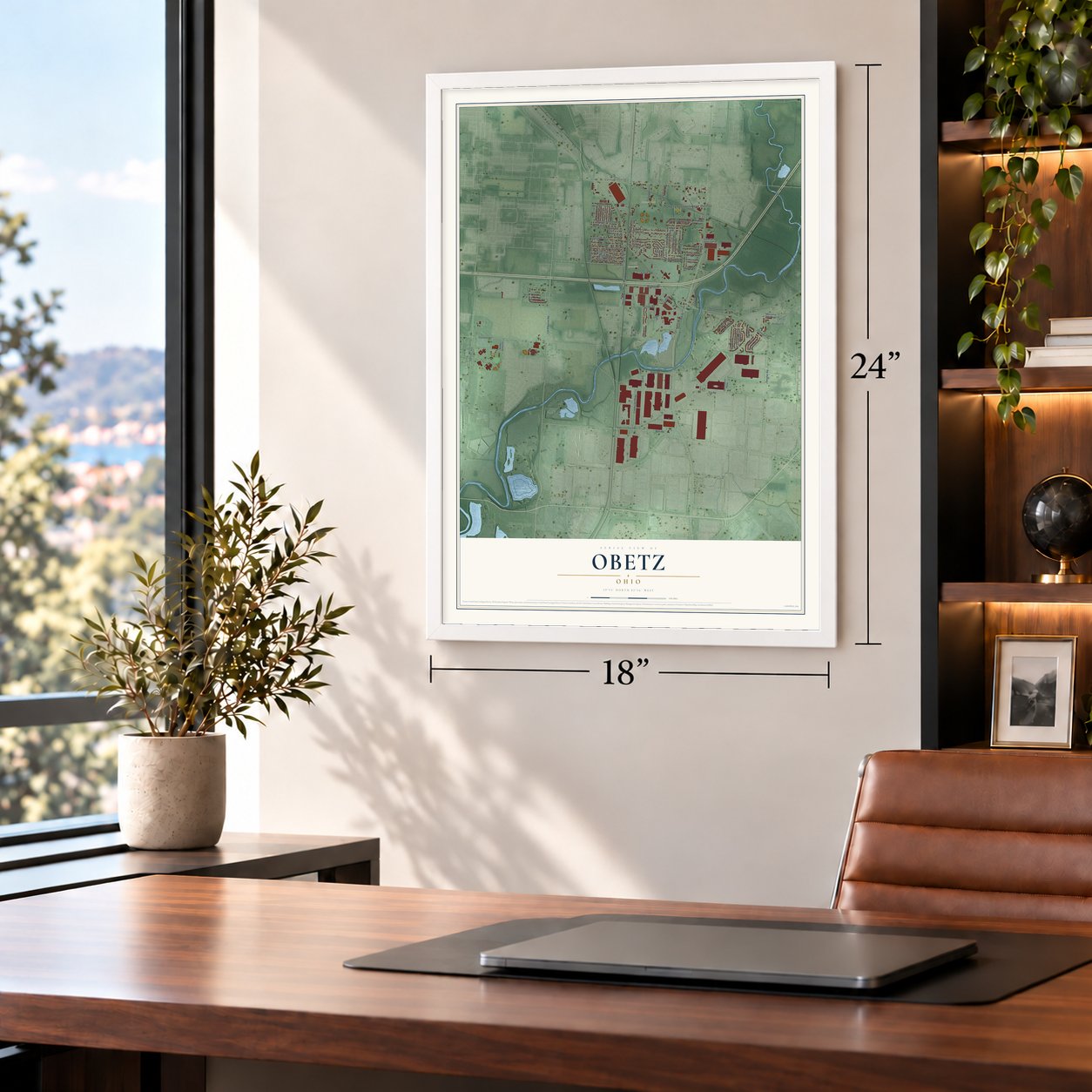 Obetz, Ohio map, 18 x 24 inch print in a white frame in a home office