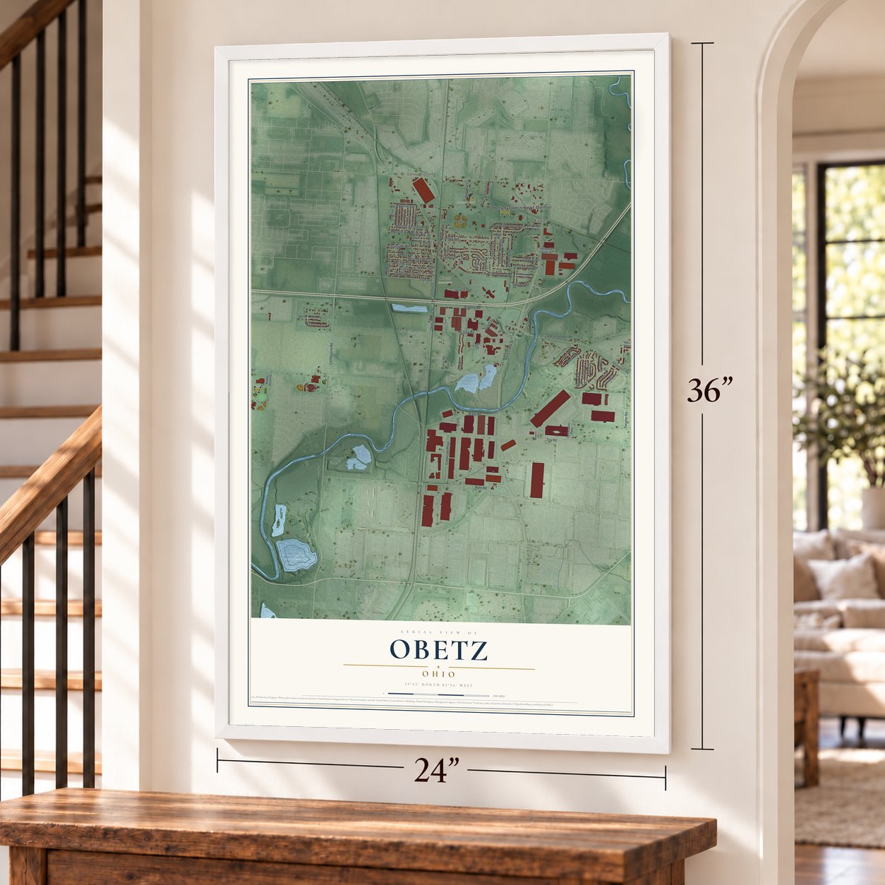 Obetz, Ohio map, 24 x 36 inch print in a white frame by a staircase