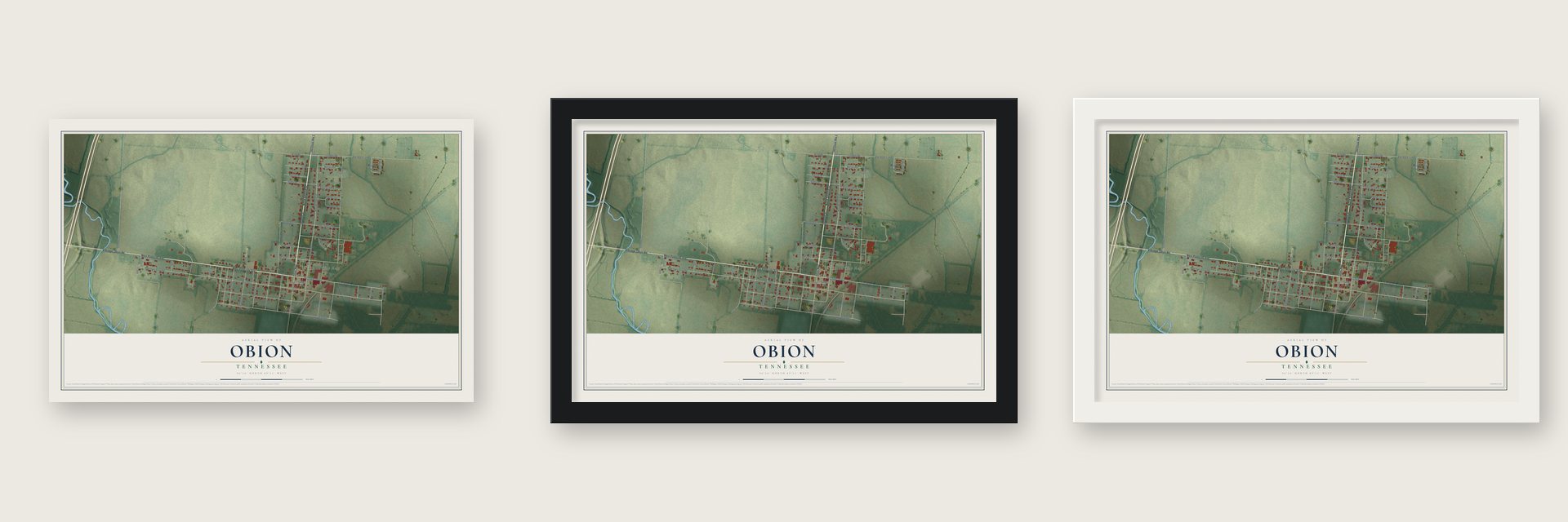 Obion, Tennessee map unframed, in a black wood frame and in a white wood frame