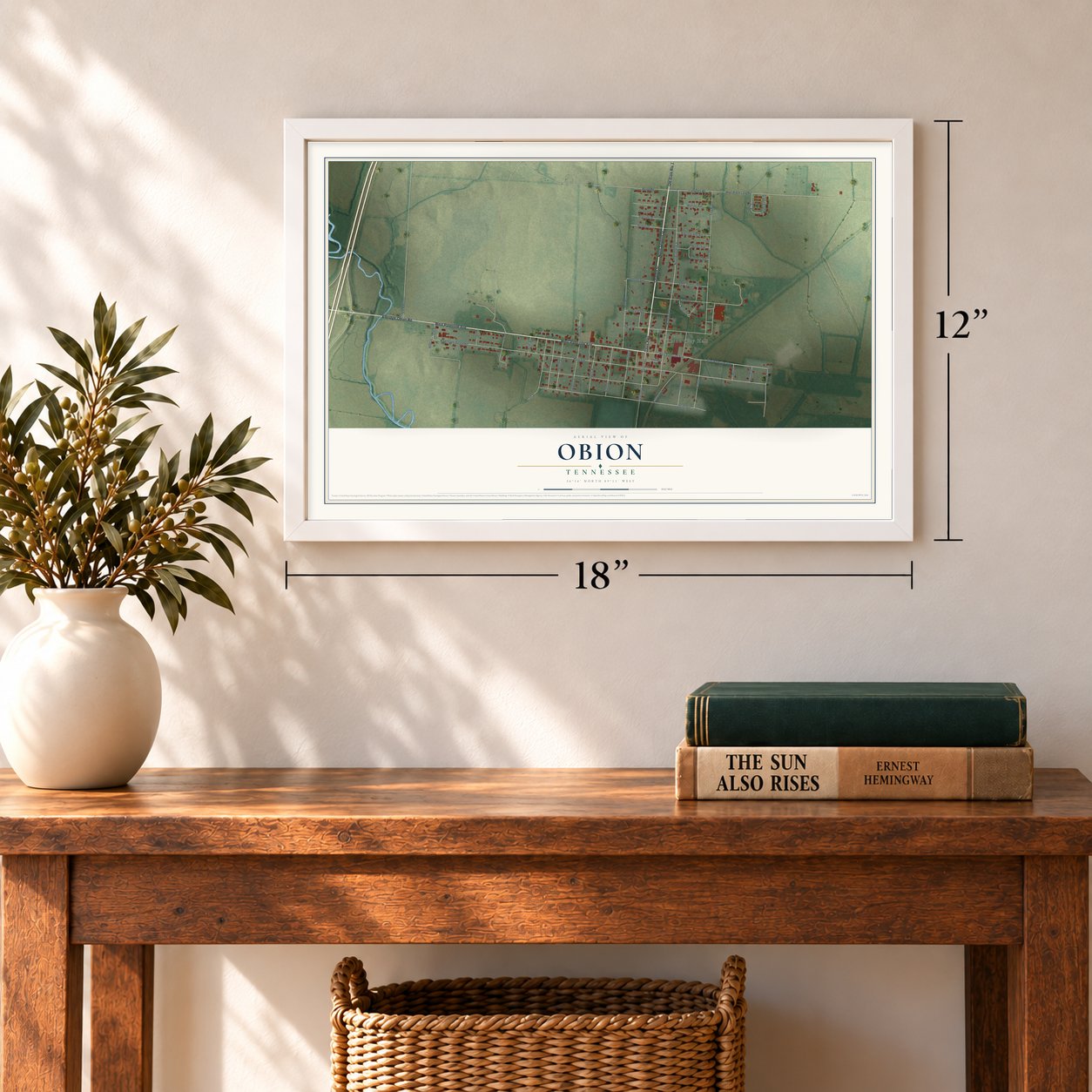 Obion, Tennessee map, 12 x 18 inch print in a white frame in an entryway