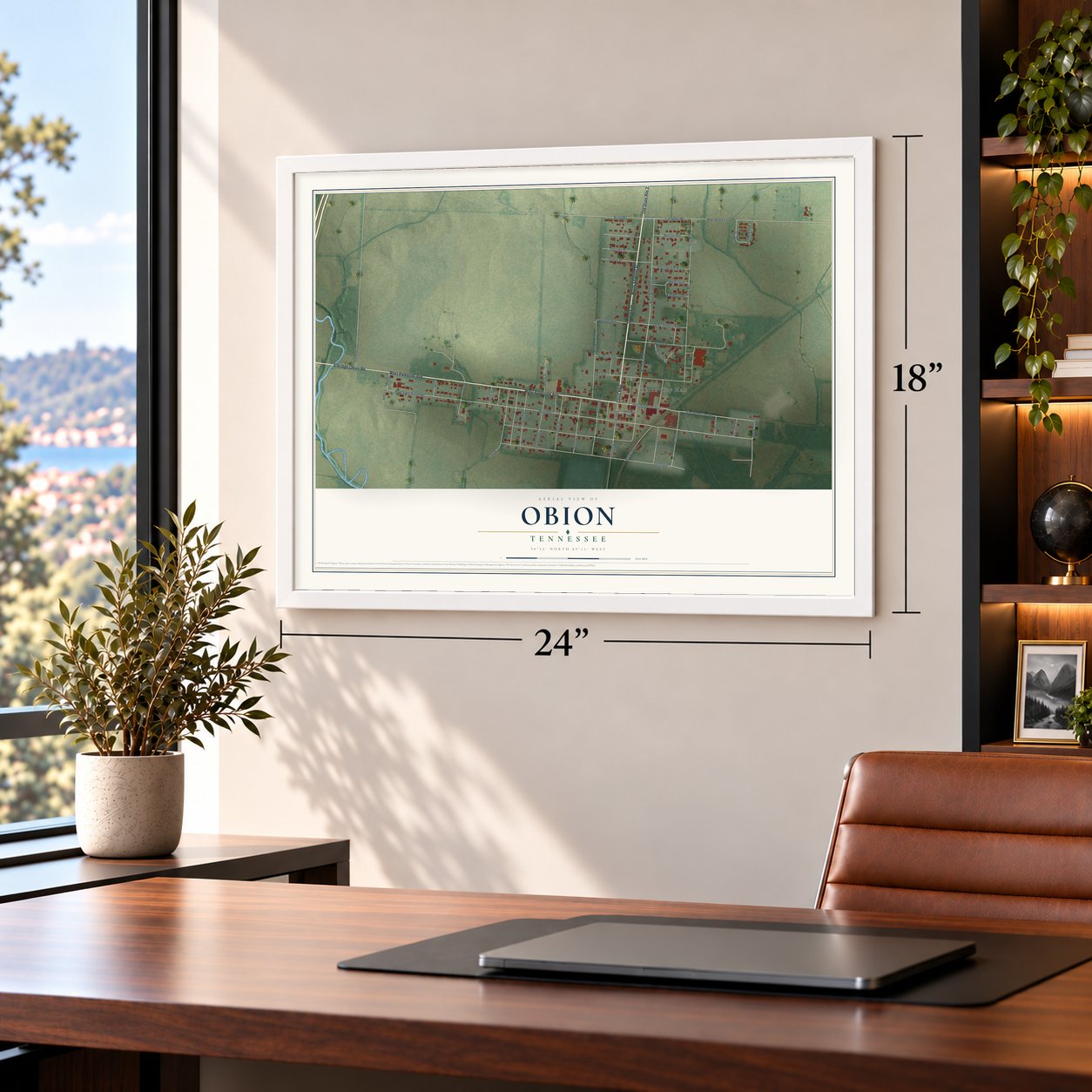Obion, Tennessee map, 18 x 24 inch print in a white frame in a home office