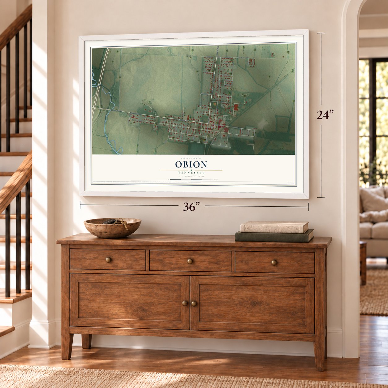 Obion, Tennessee map, 24 x 36 inch print in a white frame above a dresser by a staircase