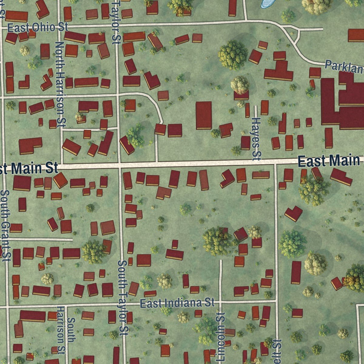 Second close-up of the map of Oblong, Illinois print showing more streets and buildings