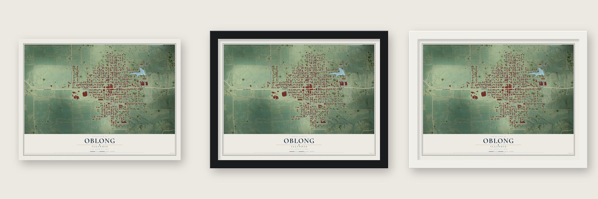 Oblong, Illinois map unframed, in a black wood frame and in a white wood frame
