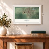 Oblong, Illinois map, 12 x 18 inch print in a white frame in an entryway