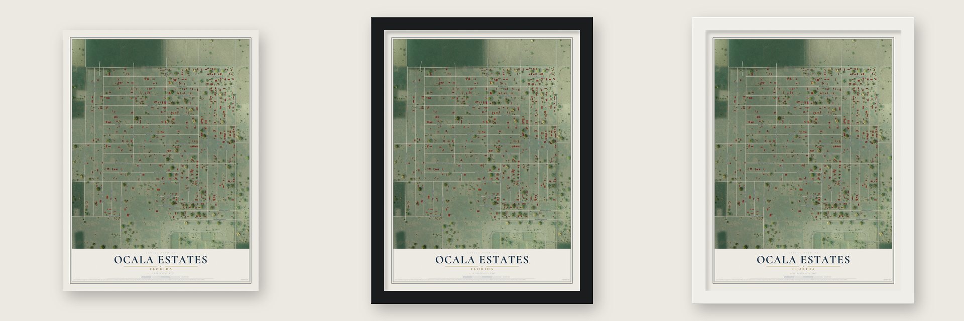 Ocala Estates, Florida map unframed, in a black wood frame and in a white wood frame