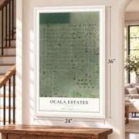 Ocala Estates, Florida map, 24 x 36 inch print in a white frame by a staircase