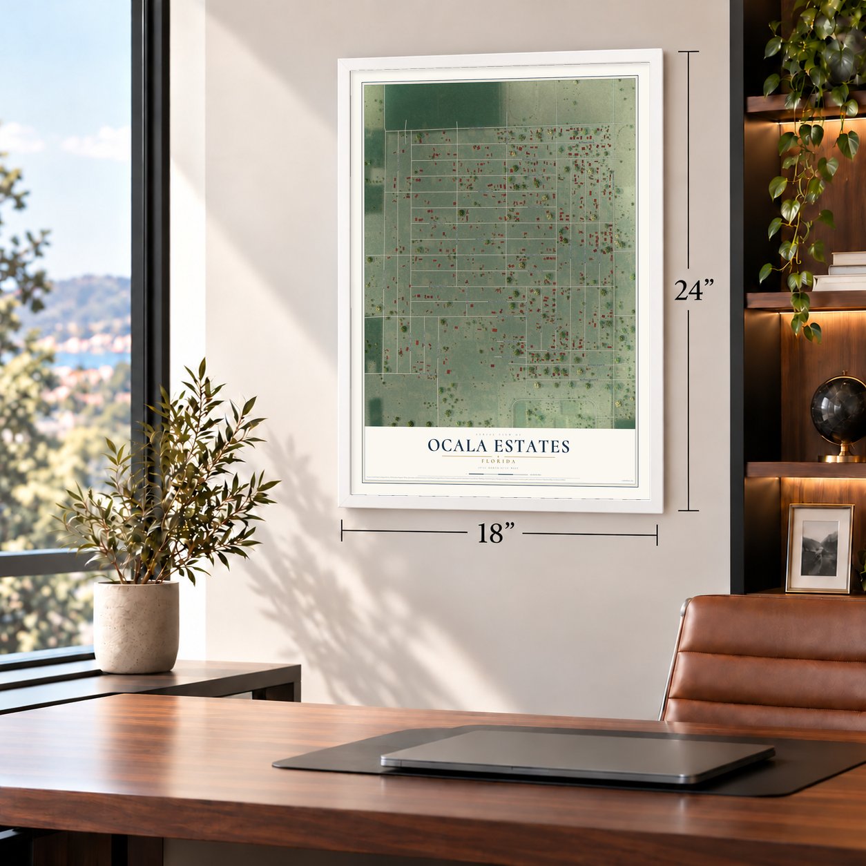 Ocala Estates, Florida map, 18 x 24 inch print in a white frame in a home office