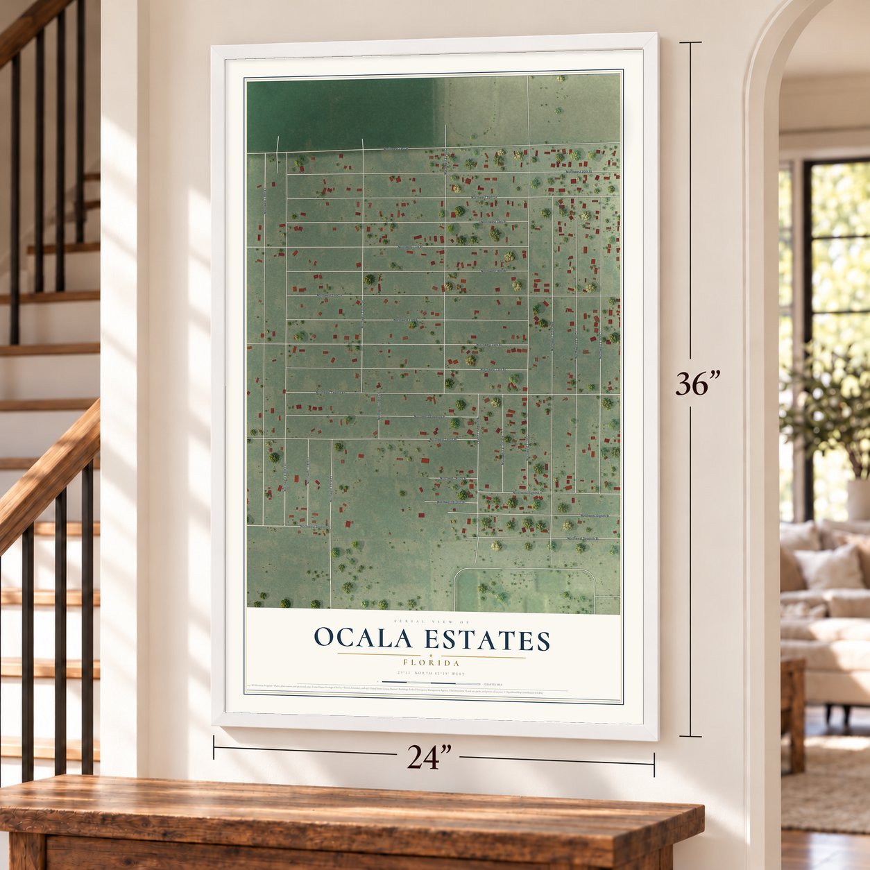 Ocala Estates, Florida map, 24 x 36 inch print in a white frame by a staircase
