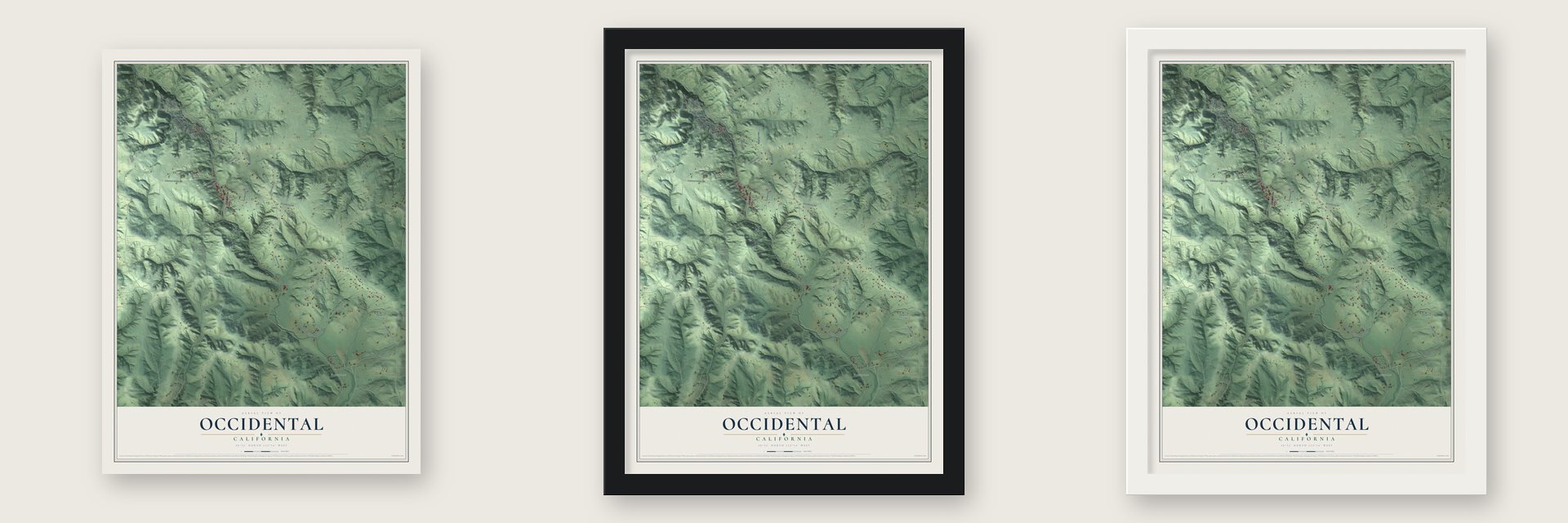 Occidental, California map unframed, in a black wood frame and in a white wood frame