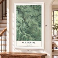 Occidental, California map, 24 x 36 inch print in a white frame by a staircase
