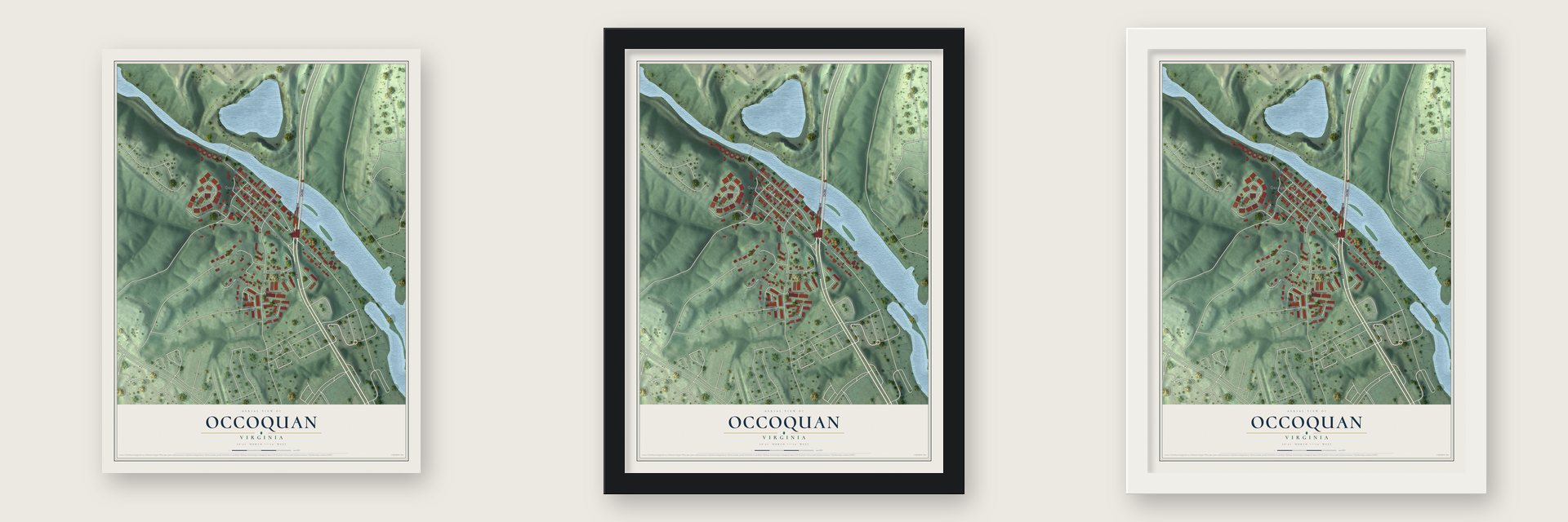 Occoquan, Virginia map unframed, in a black wood frame and in a white wood frame