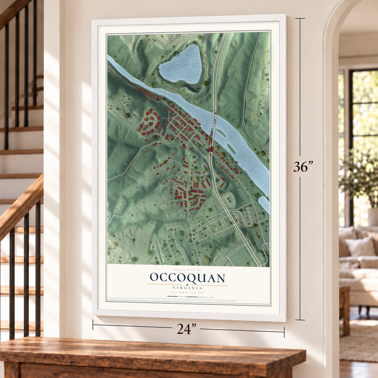 Occoquan, Virginia map, 24 x 36 inch print in a white frame by a staircase