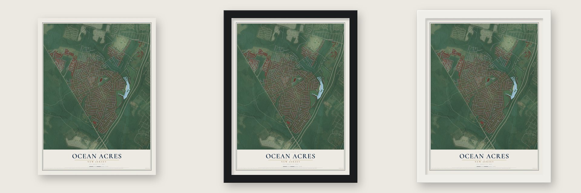Ocean Acres, New Jersey map unframed, in a black wood frame and in a white wood frame