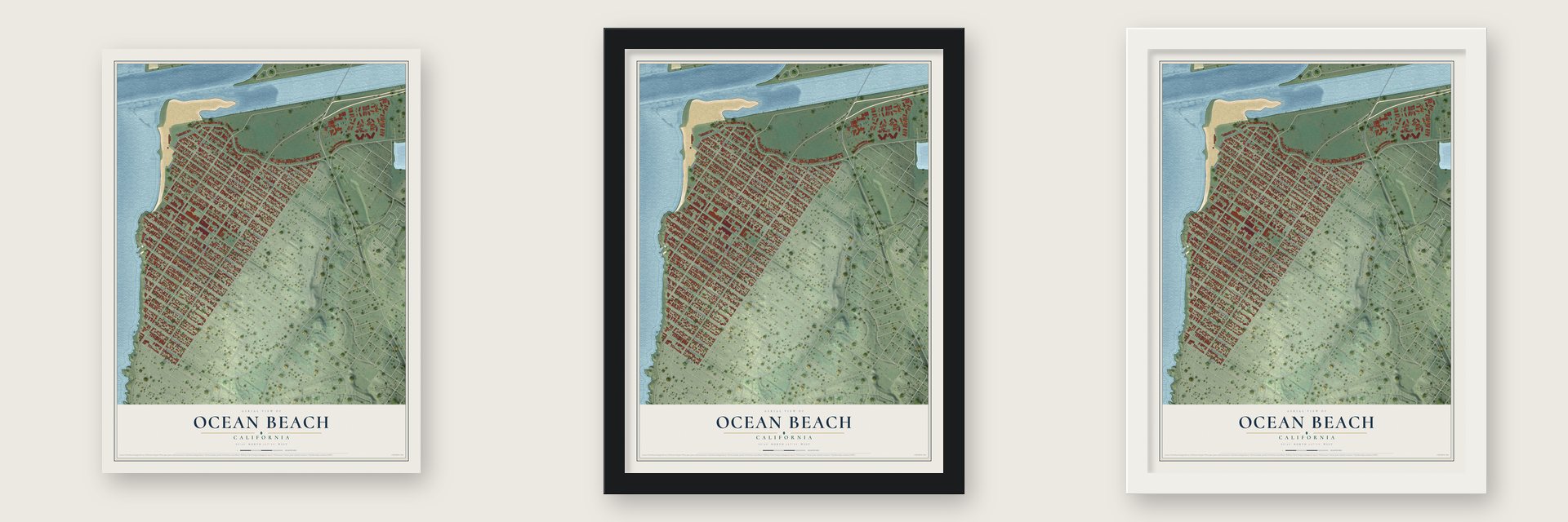 Ocean Beach, California map unframed, in a black wood frame and in a white wood frame