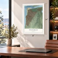 Ocean Beach, California map, 18 x 24 inch print in a white frame in a home office