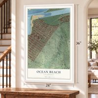 Ocean Beach, California map, 24 x 36 inch print in a white frame by a staircase