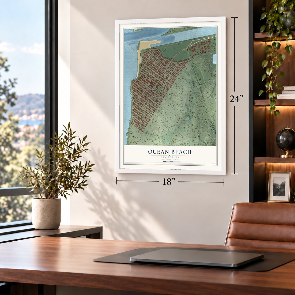 Ocean Beach, California map, 18 x 24 inch print in a white frame in a home office