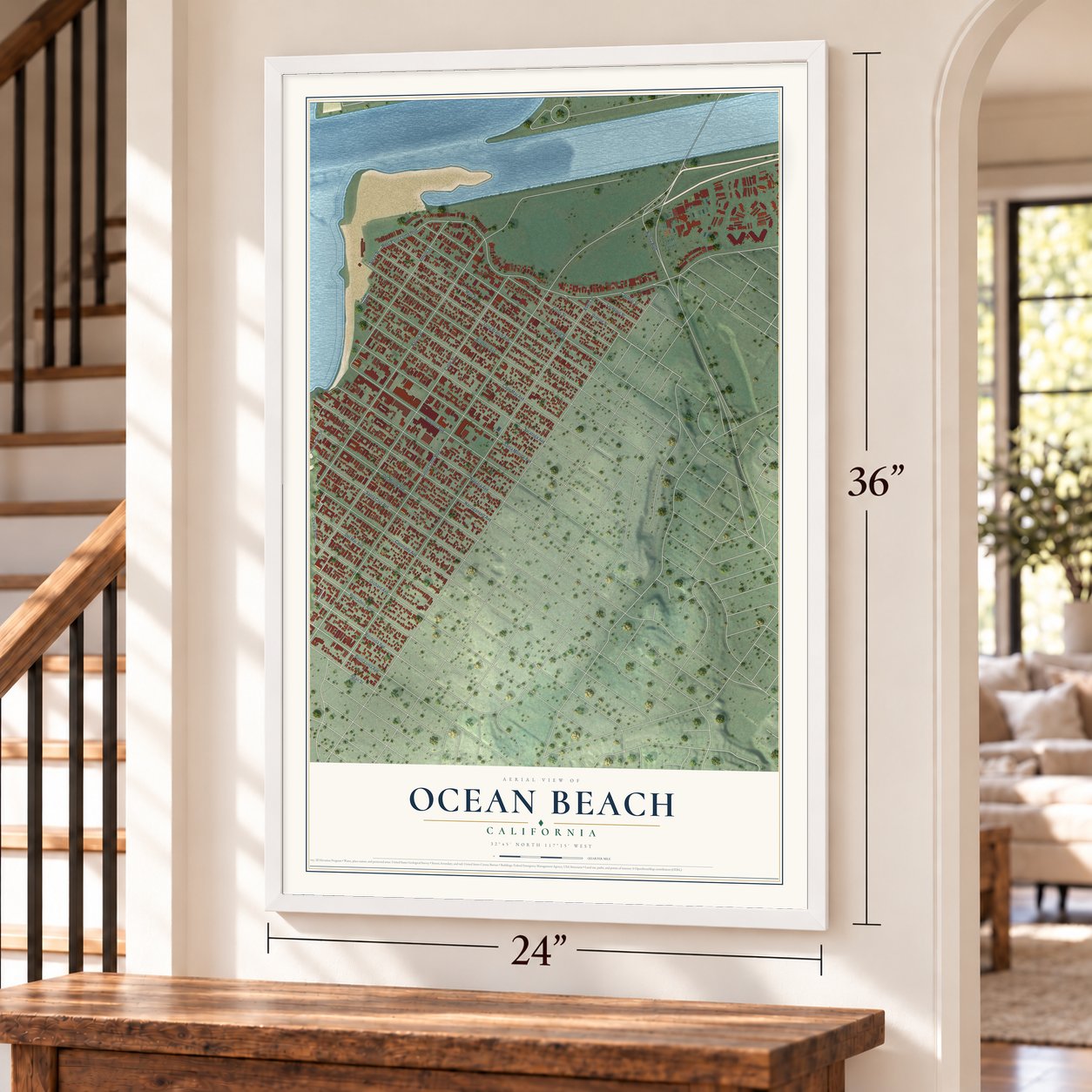 Ocean Beach, California map, 24 x 36 inch print in a white frame by a staircase