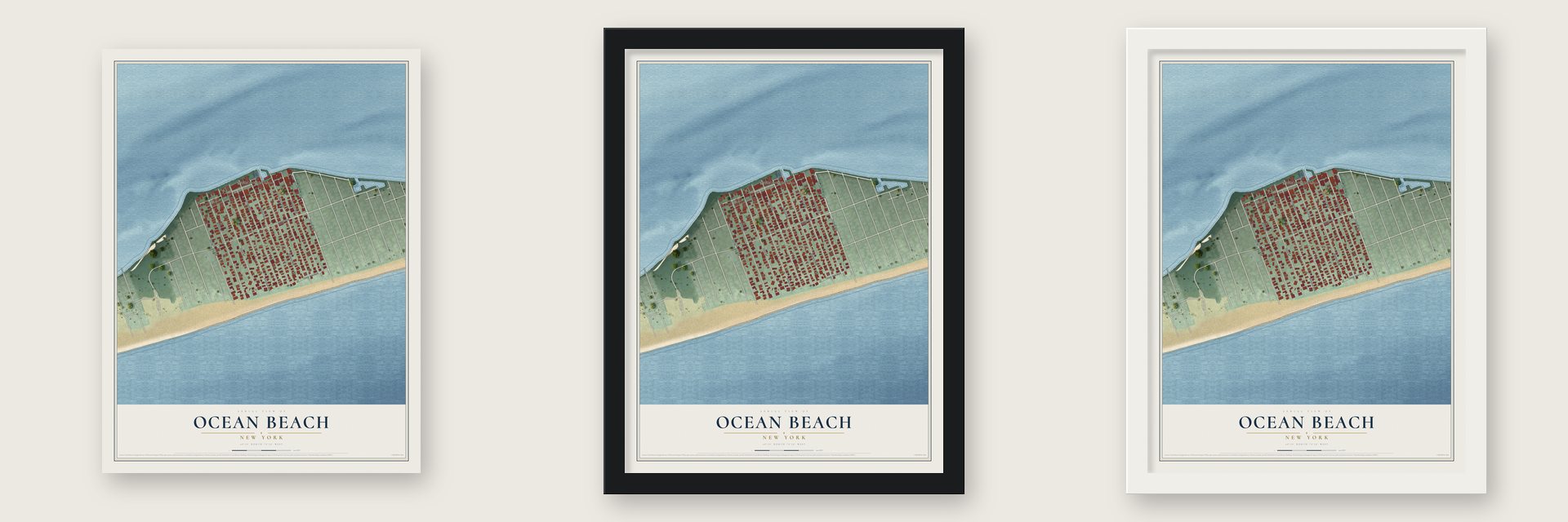 Ocean Beach, New York map unframed, in a black wood frame and in a white wood frame