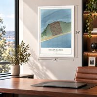 Ocean Beach, New York map, 18 x 24 inch print in a white frame in a home office