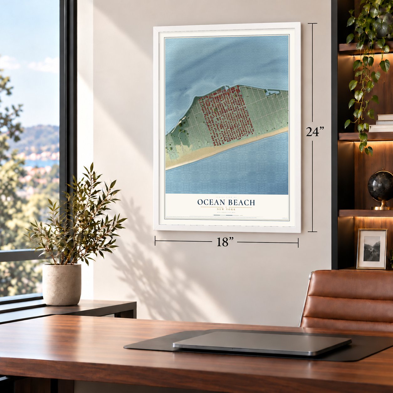 Ocean Beach, New York map, 18 x 24 inch print in a white frame in a home office