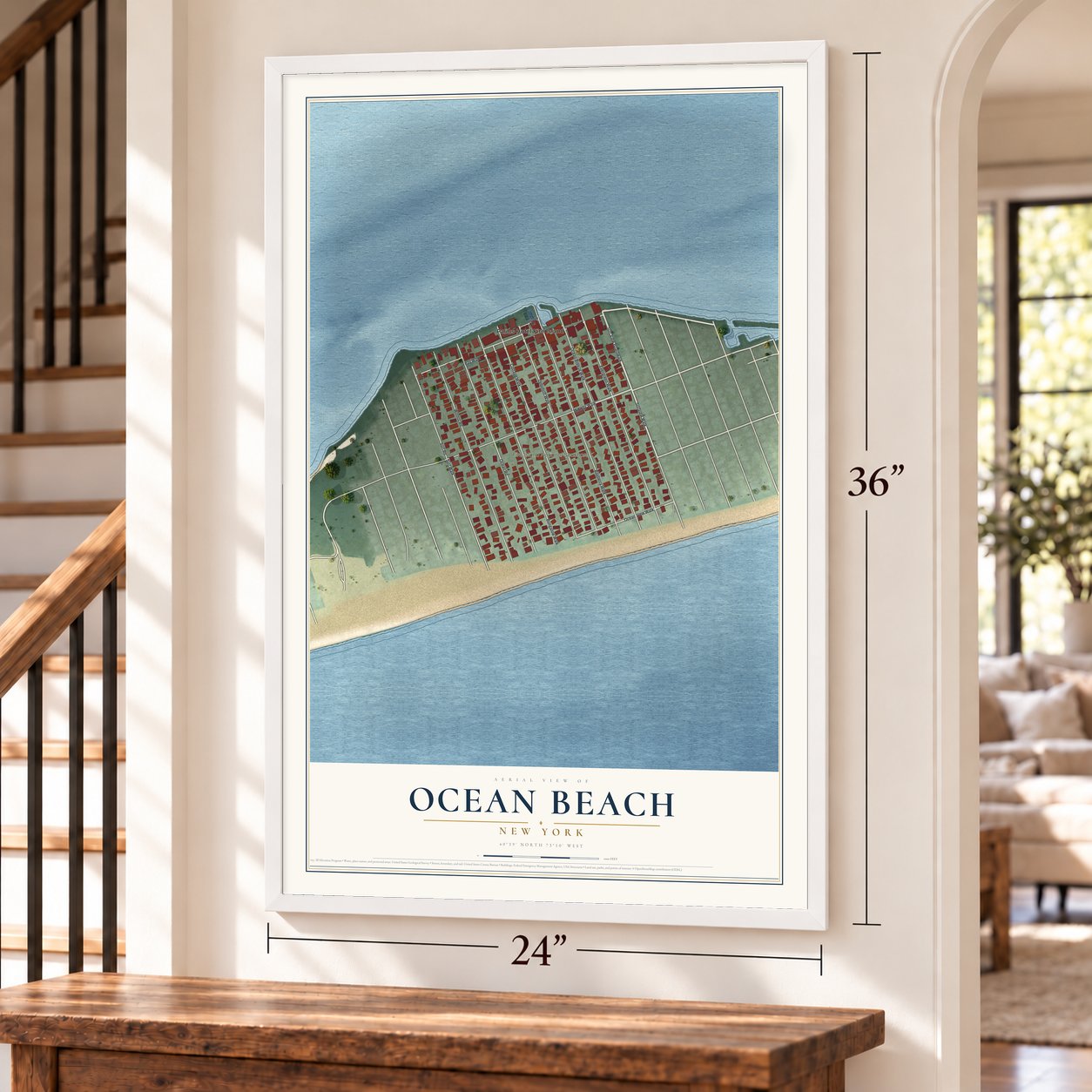 Ocean Beach, New York map, 24 x 36 inch print in a white frame by a staircase