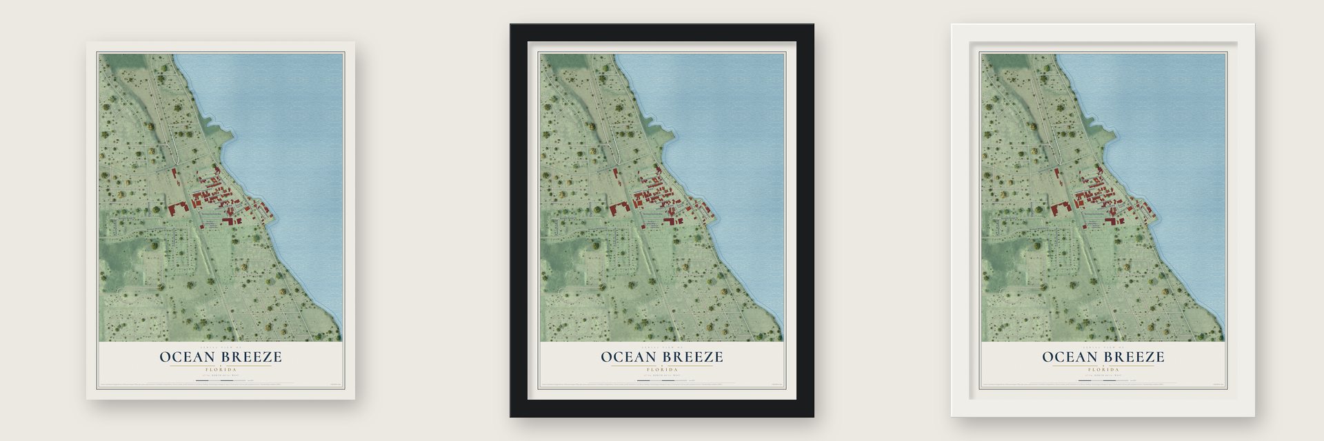Ocean Breeze, Florida map unframed, in a black wood frame and in a white wood frame
