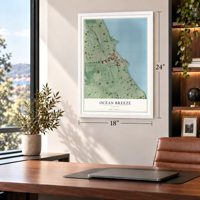 Ocean Breeze, Florida map, 18 x 24 inch print in a white frame in a home office