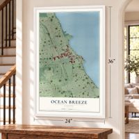 Ocean Breeze, Florida map, 24 x 36 inch print in a white frame by a staircase