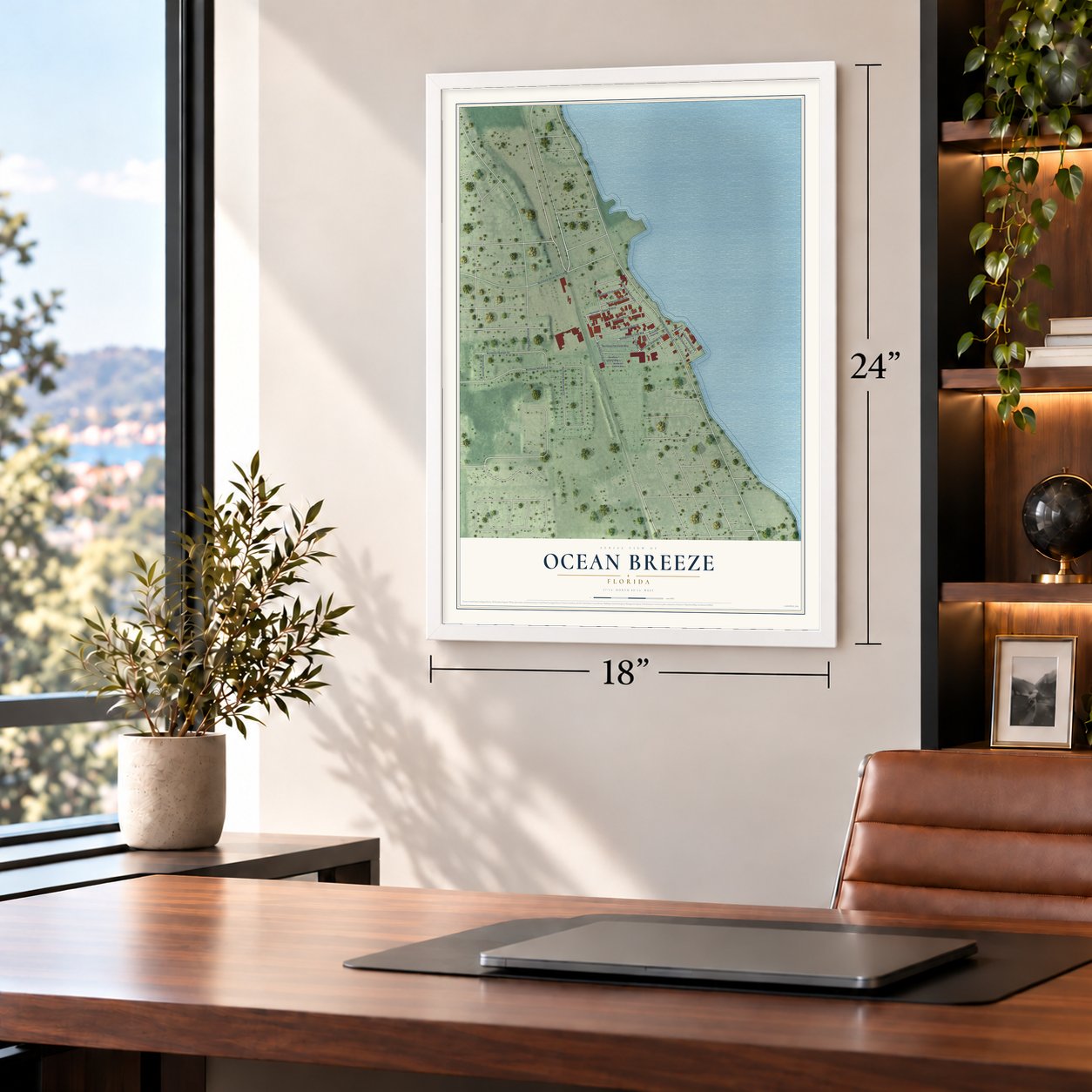 Ocean Breeze, Florida map, 18 x 24 inch print in a white frame in a home office