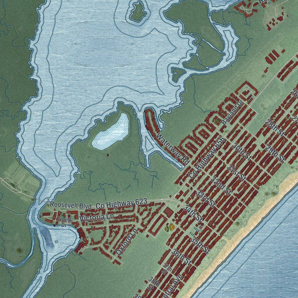 Second close-up of the map of Ocean City, New Jersey print showing more streets and buildings