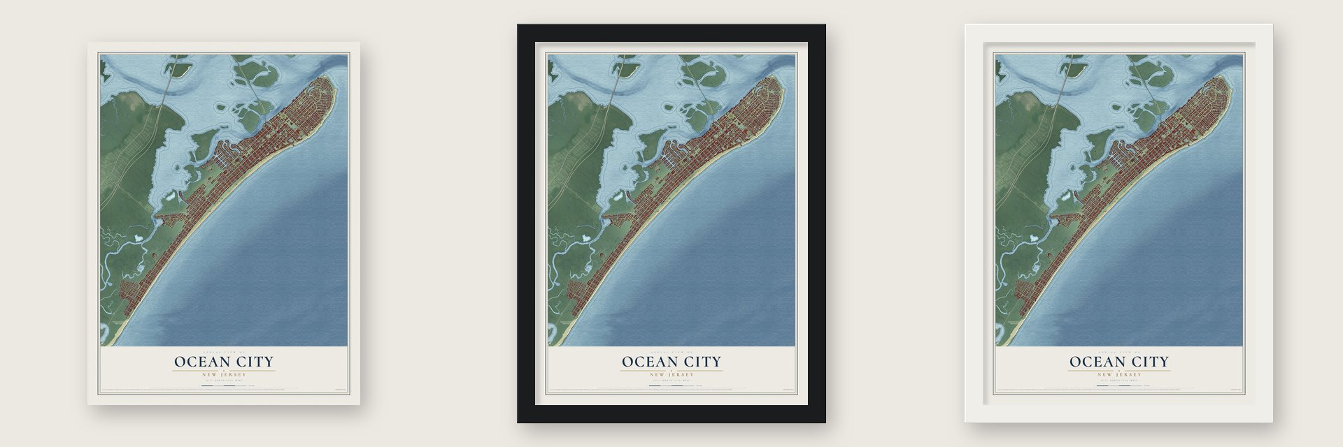 Ocean City, New Jersey map unframed, in a black wood frame and in a white wood frame