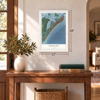 Ocean City, New Jersey map, 12 x 18 inch print in a white frame in an entryway