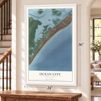 Ocean City, New Jersey map, 24 x 36 inch print in a white frame by a staircase