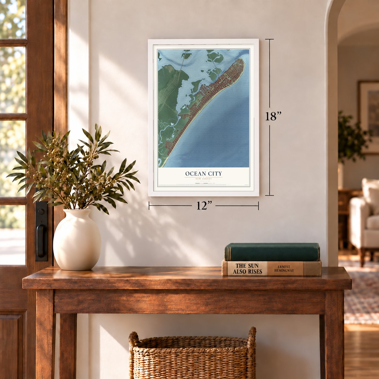 Ocean City, New Jersey map, 12 x 18 inch print in a white frame in an entryway