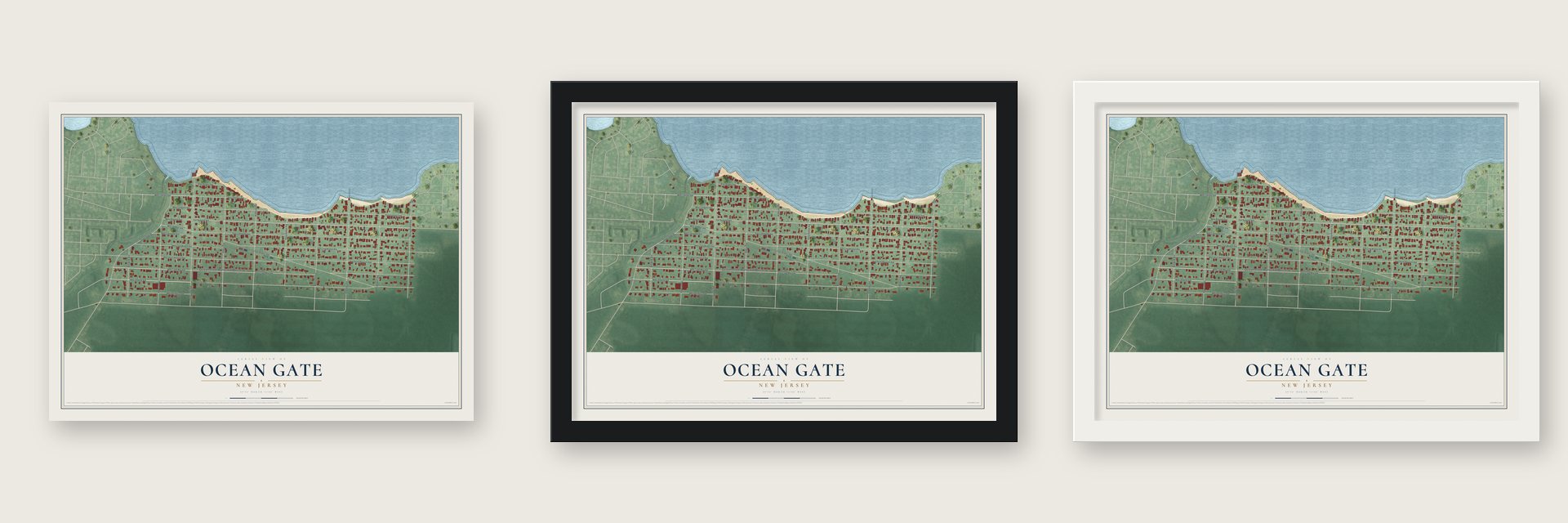 Ocean Gate, New Jersey map unframed, in a black wood frame and in a white wood frame