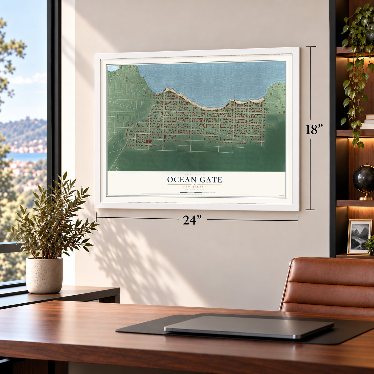 Ocean Gate, New Jersey map, 18 x 24 inch print in a white frame in a home office
