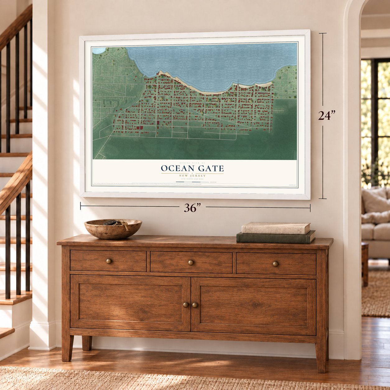 Ocean Gate, New Jersey map, 24 x 36 inch print in a white frame above a dresser by a staircase