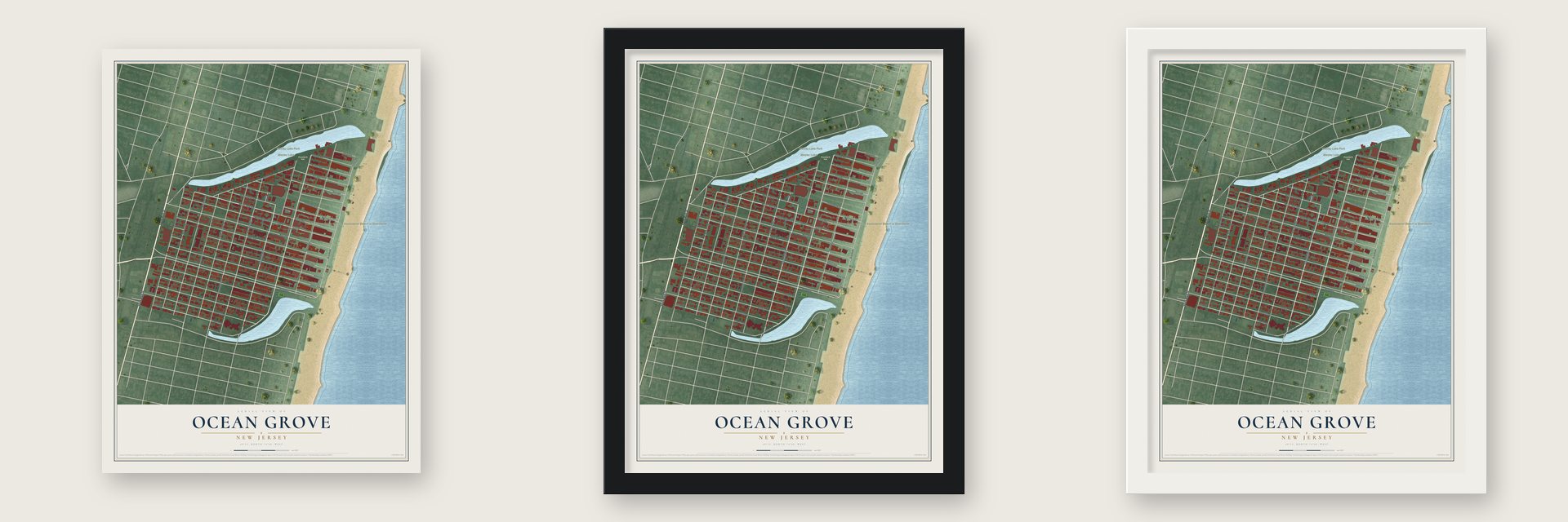 Ocean Grove, New Jersey map unframed, in a black wood frame and in a white wood frame