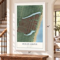 Ocean Grove, New Jersey map, 24 x 36 inch print in a white frame by a staircase